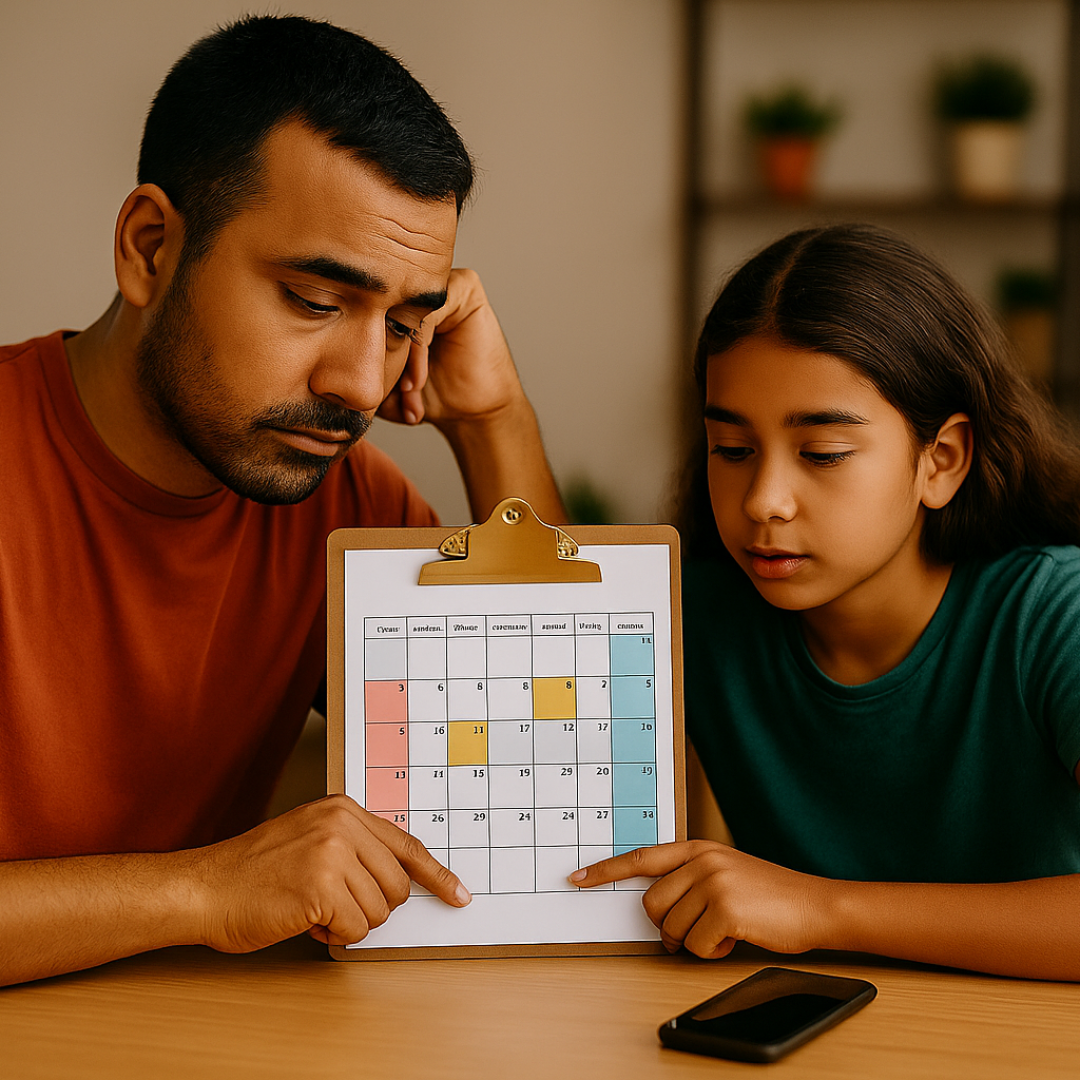 Parent et enfant devant un calendrier papier